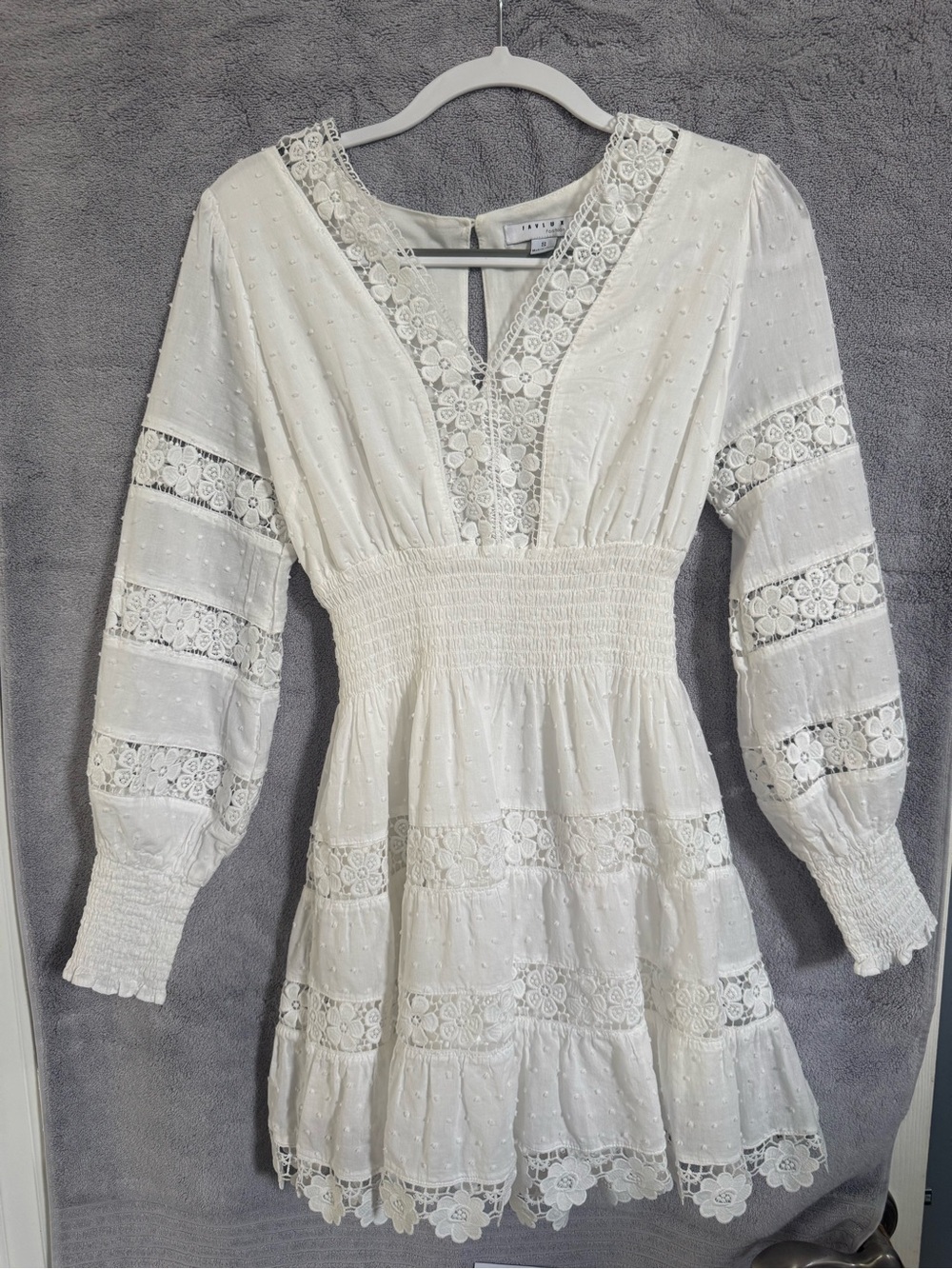 FAVLUX Ivory Lace-Trim Smocked Waist Long Sleeve Dress